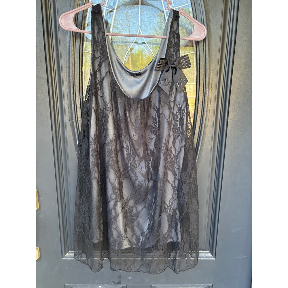 C'est Moi Black Floral Lace Layered Tank Top Silver Lining Bow Studded 3X